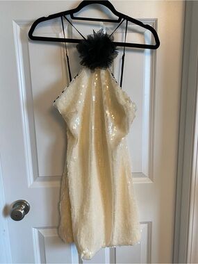 FORE Ivory Sequin Halter Dress with Black Flower Accent